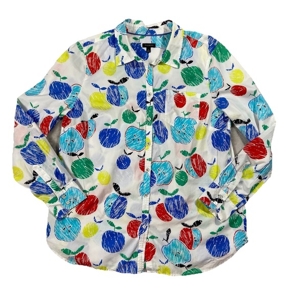 Talbots Tops - TALBOTS Cotton Long Sleeve Button Up Apple Print Women L 1st Day of School Teach